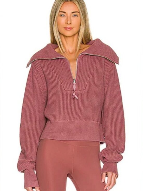Varley Sweaters - Varley Mentone Half Zip Sweater Mauve Chunky Knit Cotton Athleisure Pullover XL
